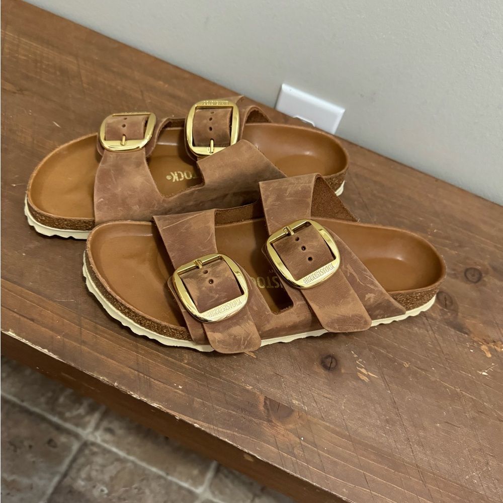 Birkenstock 39 Big Buckle Arizona Brown Cream Gold 8.5 Women